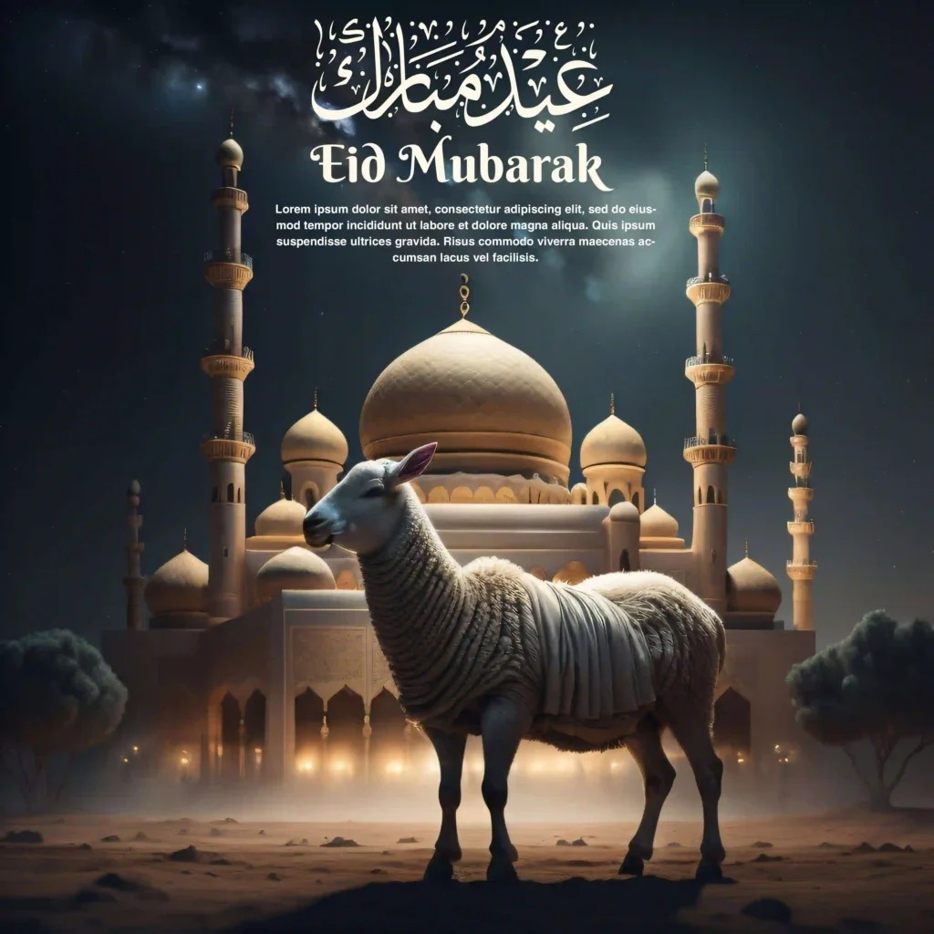 Eid Adha Mubarak With A Goat In Front And Mosque Islamic Mode PSD - Widepik