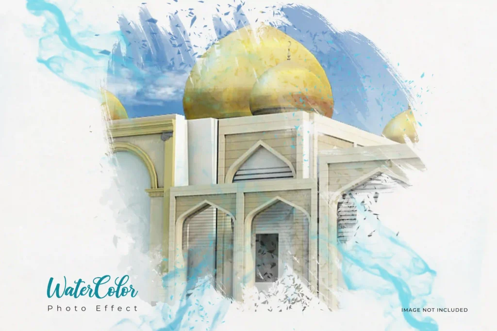 Hand Drawn Water Color Brush Painting Mosque Photo Effect PSD - Widepik