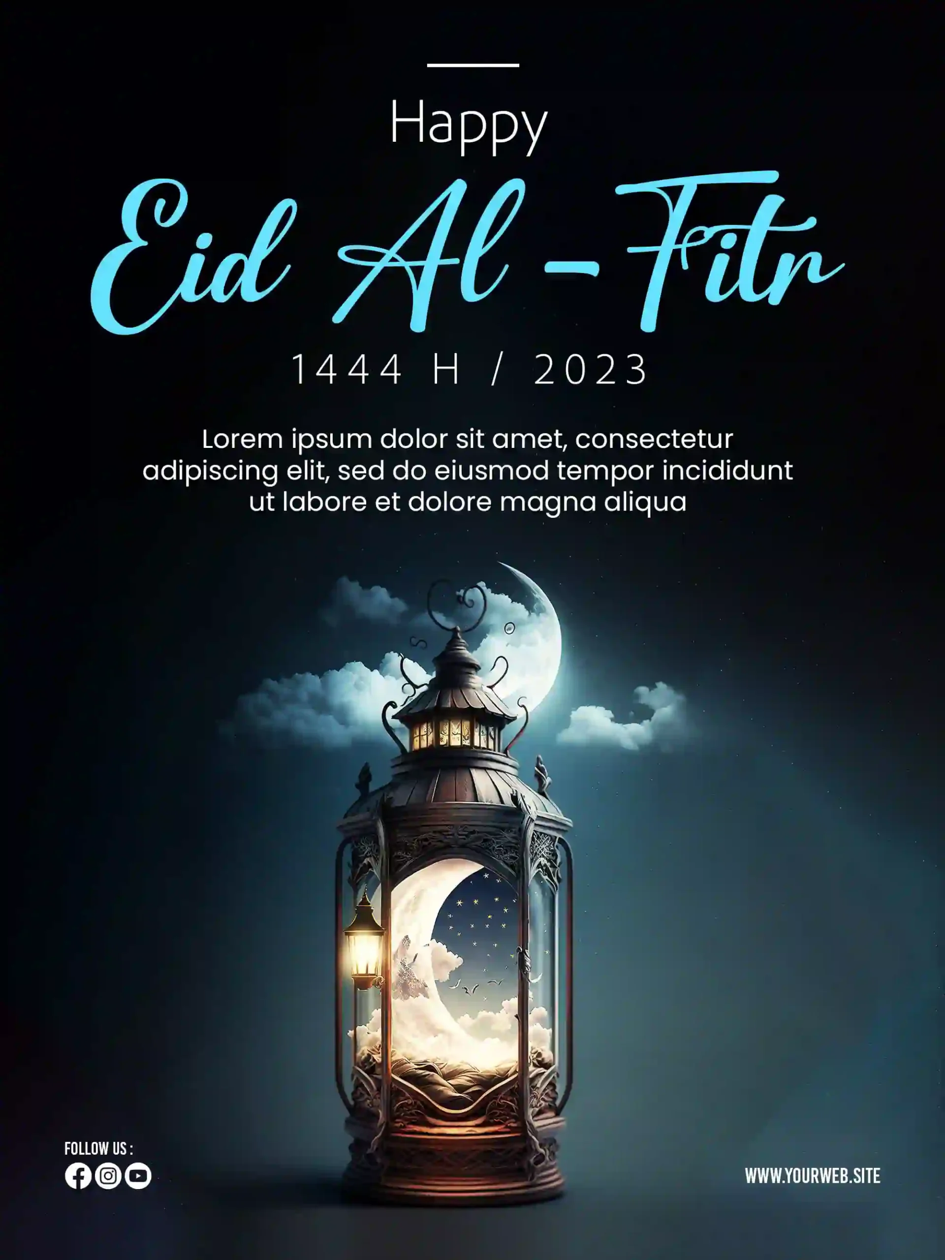 Happy Eid Alfitr Poster With a Background Of Lanterns Moon And Clouds PSD - Widepik