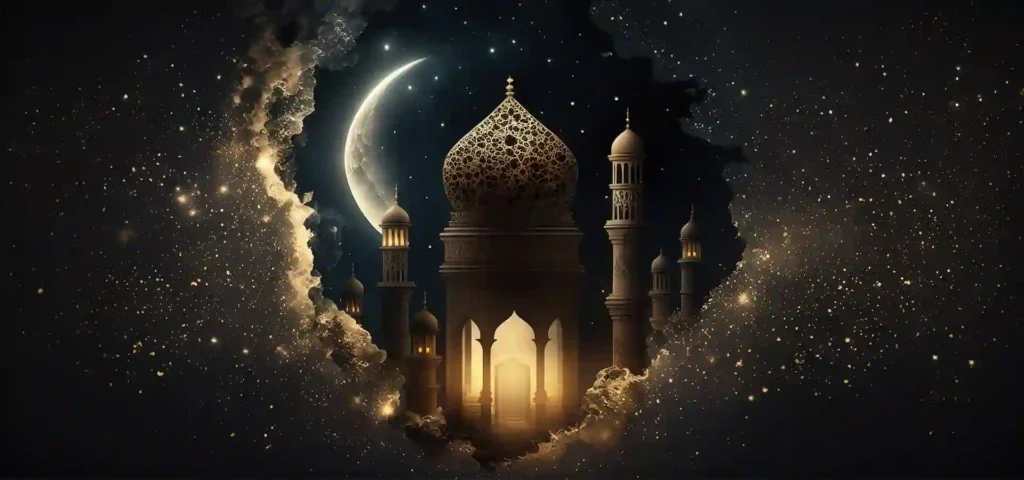 Islamic Festival Night Scene Mosque With Crescents Background