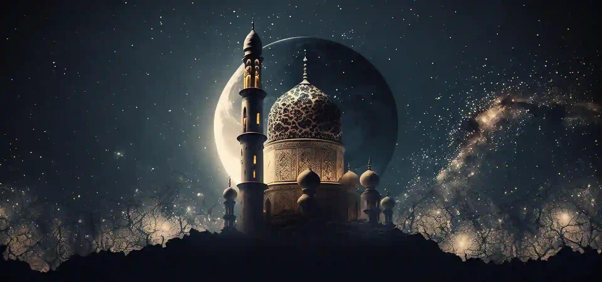 Islamic Festival Night Scene With Mosque And The Moon Background